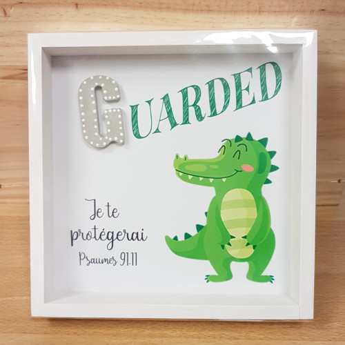 Cadre en bois "GUARDED" Psaume 91.11 - Pour enfants, avec crocodile