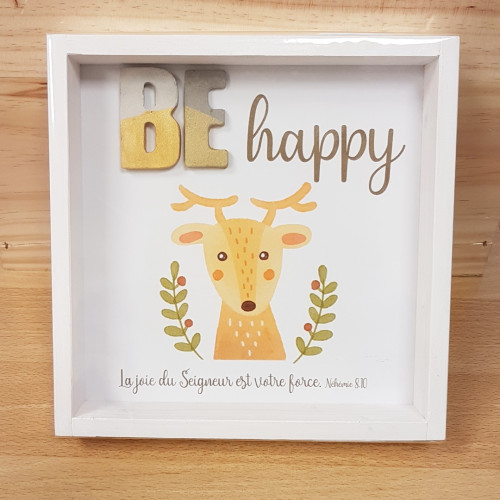 Cadre en bois, "BE HAPPY" Néhémie 8.10 - Pour enfants, avec cerf