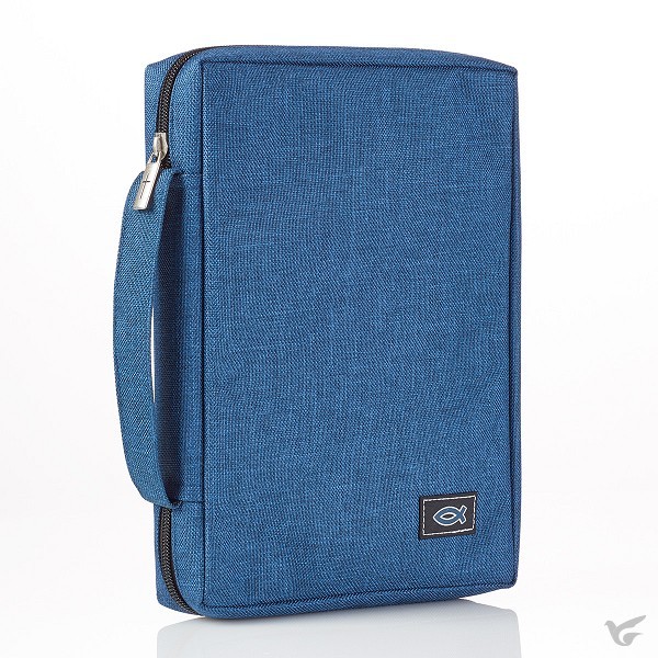 Pochette Bible, Taille M, Ichthus, Toile, Bleu marine, Poche extérieure