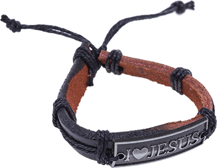 Bracelet en cuir sur corde avec médaillon en acier "I love Jesus"
