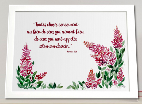 Cadre lilas «Toutes choses concourent […]» - Romains 8.28, cadre blanc horizontal