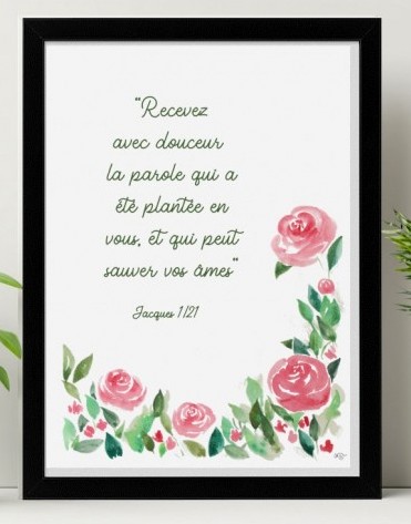 Cadre roses roses «Recevez avec douceur […]» - Jacques 1.21, cadre noir vertical