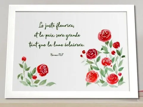 Cadre roses rouges «Le juste fleurira […]» - Psaume 72.7, cadre blanc horizontal