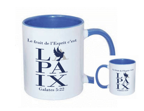 Mug bicolore blanc/bleu clair "La paix" Galates 5.22