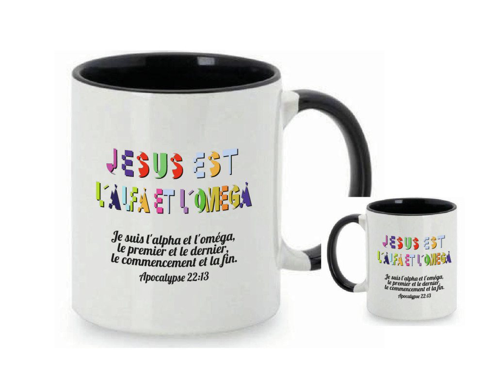 Mug bicolore blanc/noir, "Jesus est l'alpha et l'oméga" + verset Apocalypse 22.43