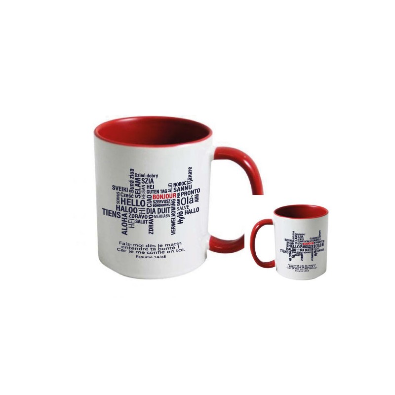 Mug bicolore blanc/rouge, Bonjour en diverses langues + verset Psaume 143.8