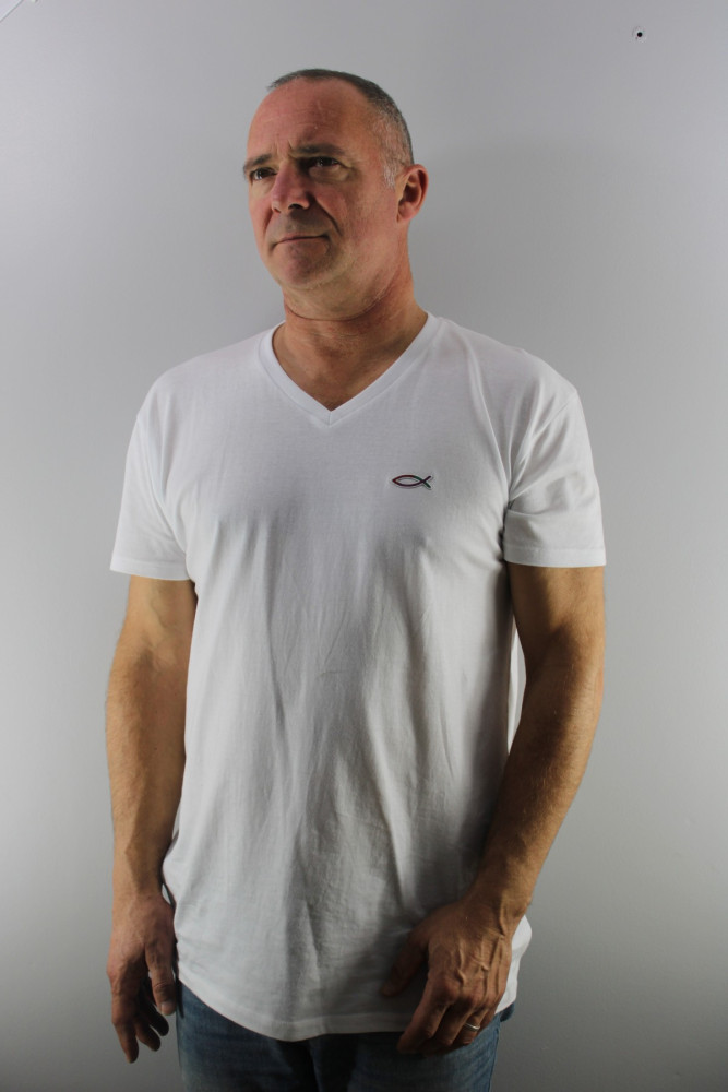 T-shirt blanc homme col en V