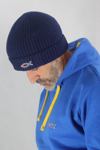 Bonnet bleu indigo - tricoté avec fil recyclé